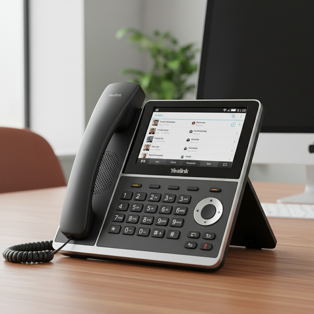 A Yealink desk phone with a touchscreen interface sits on a wooden office desk next to a computer monitor.