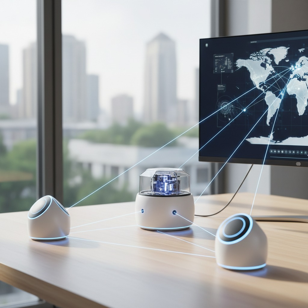 Three white, futuristic devices sit on a wooden desk, connected by glowing blue lines to a computer monitor displaying a global network map.