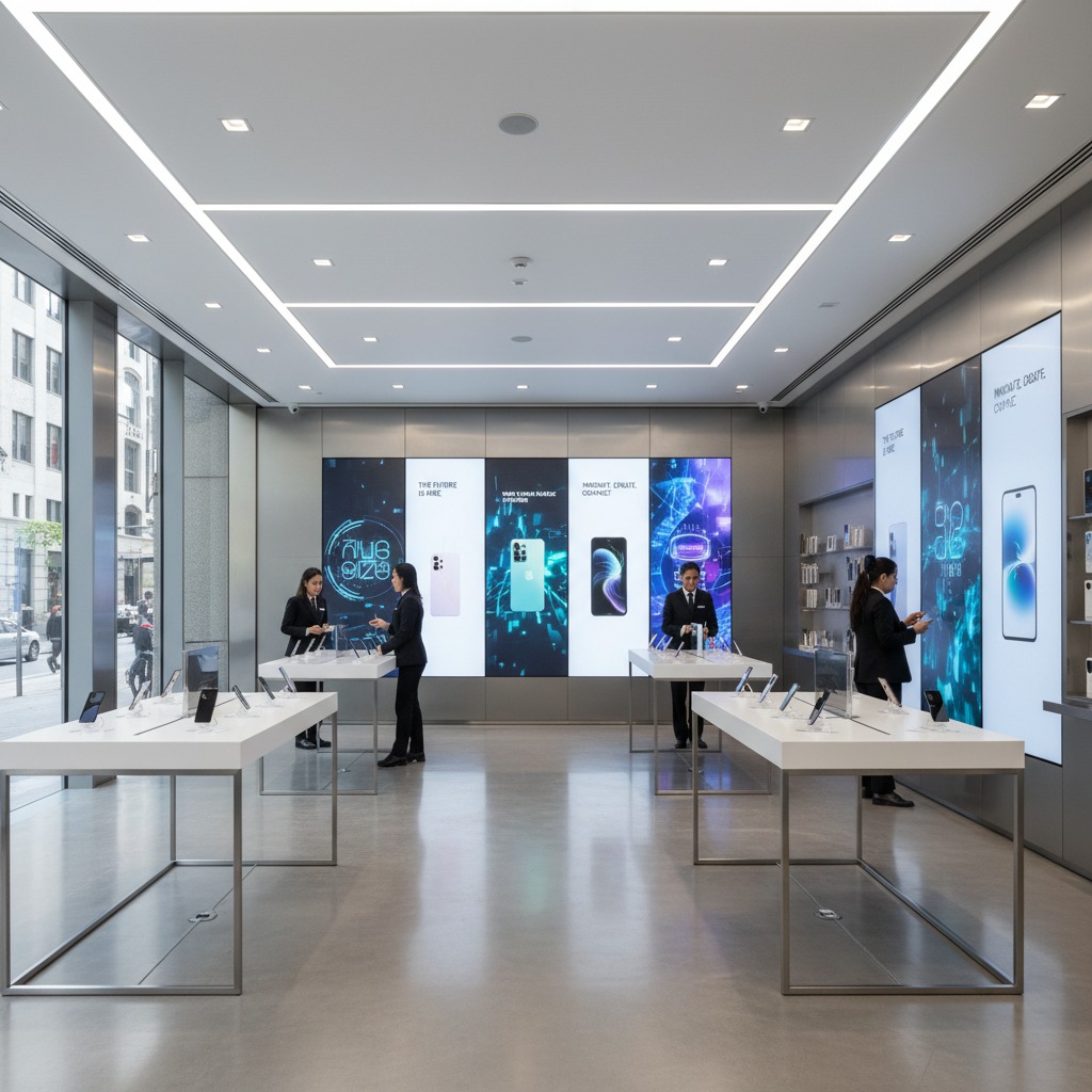 A sleek, brightly lit modern electronics store interior features employees assisting customers at minimalist white display tables beneath large digital screens.