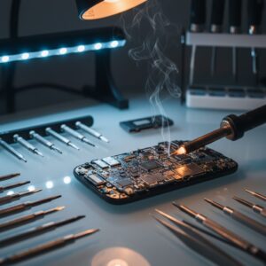 A soldering iron emits smoke as it touches a circuit board on a workbench surrounded by tools.